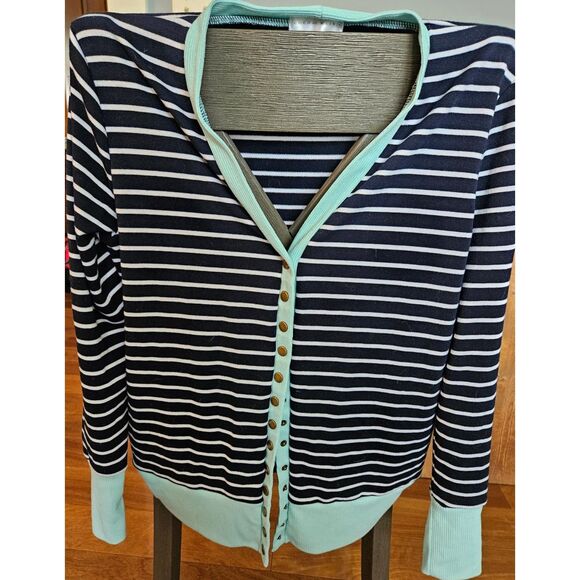 Coco and Main Blue/Green Striped Snap Cardigan - Picture 3 of 3
